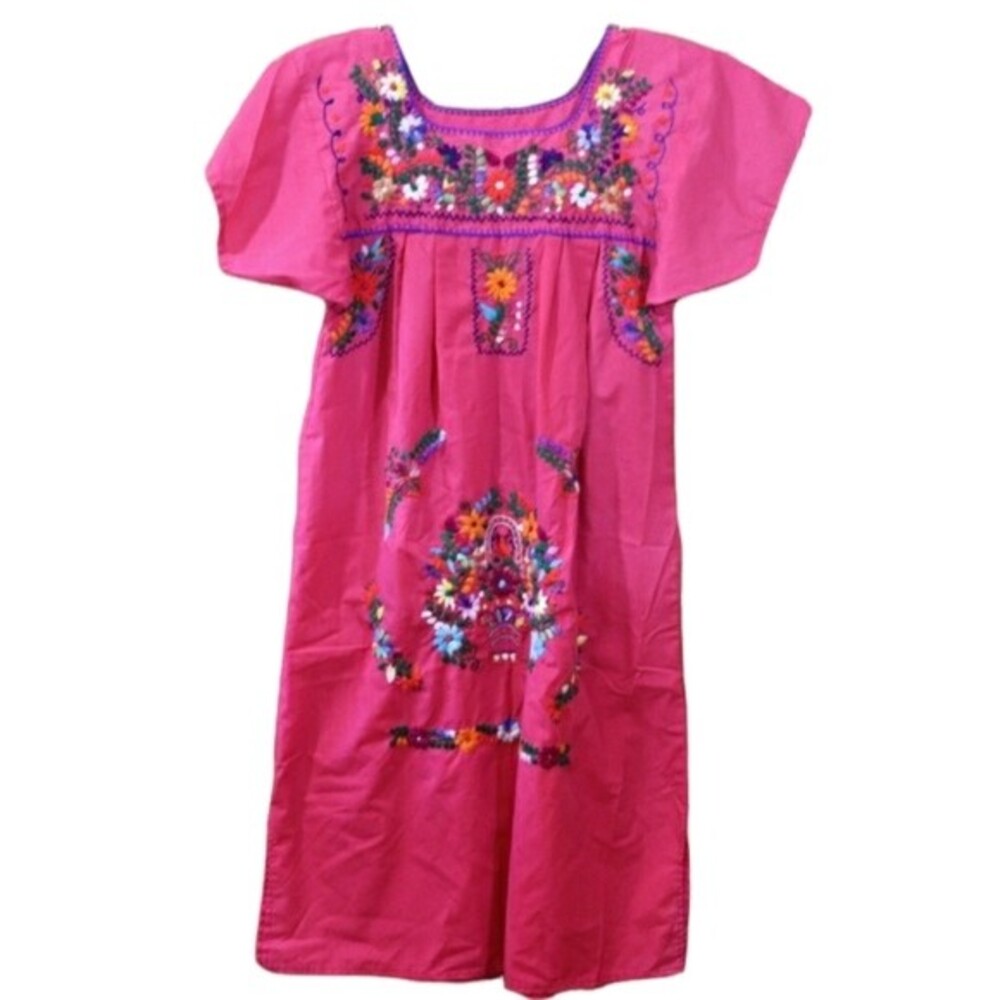 Handmade Embroidered Floral Pink Shift Dress Small